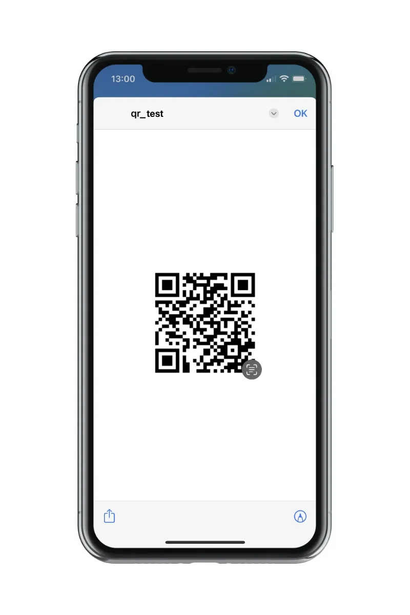 Test du raccourci sur iPhone pour faire afficher l'image d'un code QR. Ce code QR renvoi alors vers la fiche client Beshared.