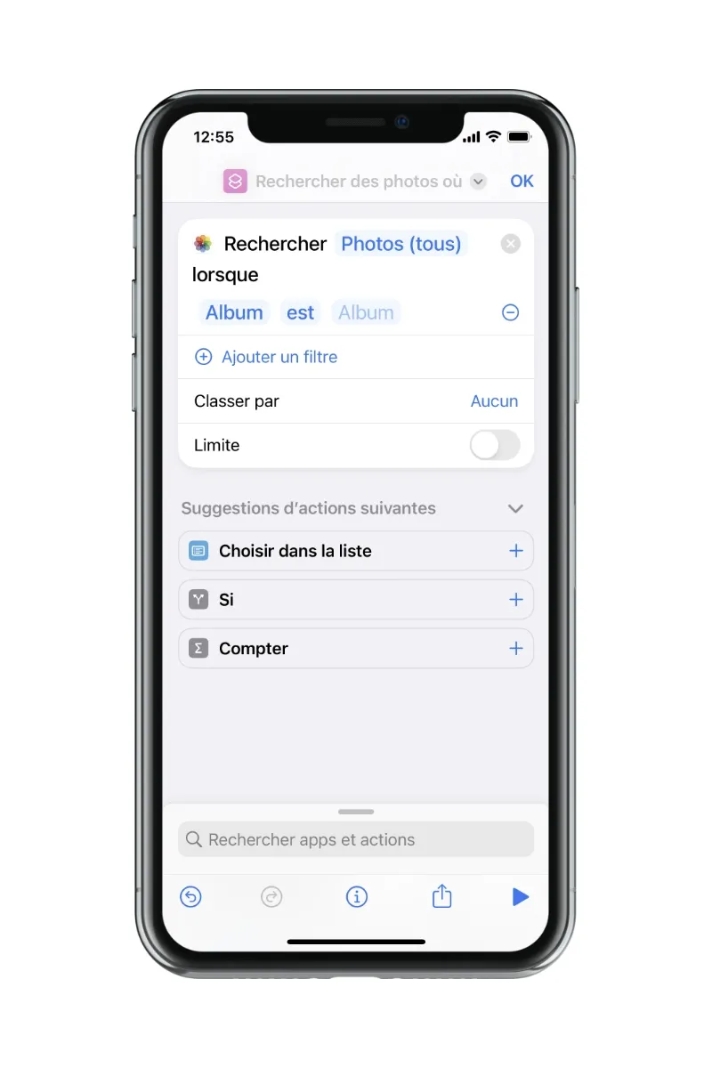 Ajout d'une règle "Recherches des photos" à un Raccourci sur iPhone